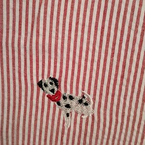 Red Striped Dog Embroidered Seersucker Fabric. Price Per Yard